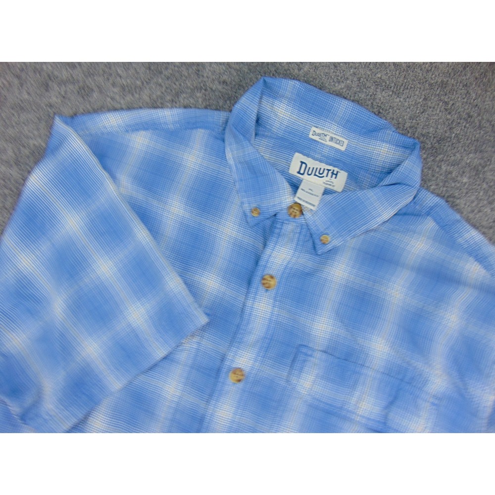Duluth Trading Co Shirt Mens XL Untucked Blue Plaid Short Sleeve Button Down